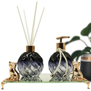Kit Lavabo Azul Luxo Difusor E Saboneteira Com Bandeja