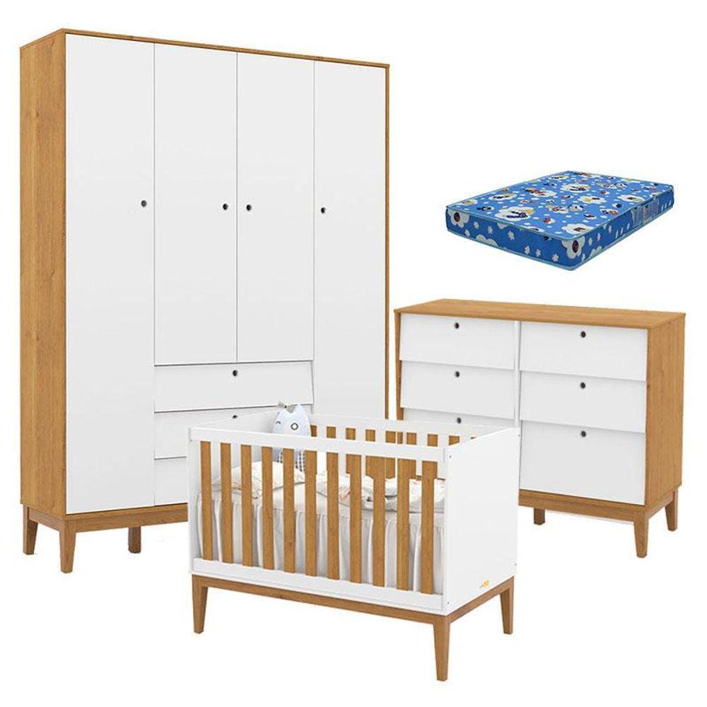 Quarto de Bebe Unique 4 Portas com Cômoda 6 Gavetas Branco Soft Freijó Eco Wood e Colchão Ortobom - Matic