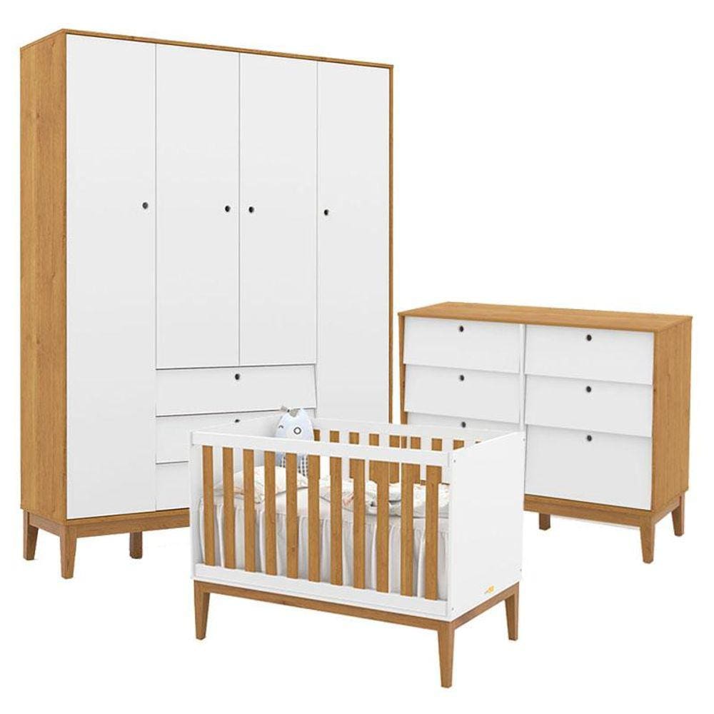 Quarto de Bebe Unique 4 Portas com Cômoda 6 Gavetas Branco Soft Freijó Eco Wood - Matic