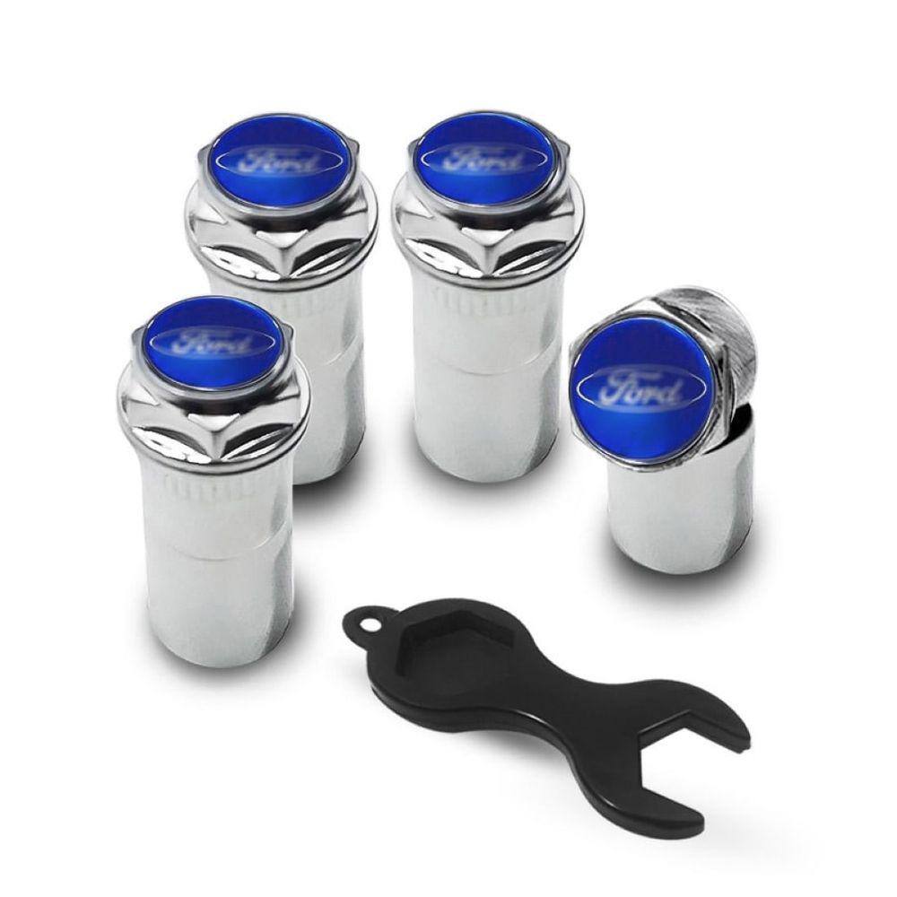 Tampa Bico Pneu Válvula Antifurto Cromado Ford Marinho