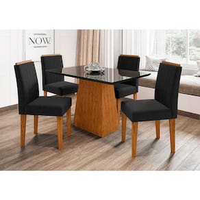 Conjunto de mesa de jantar com tampo de vidro jasmin e 4 cadeiras ana ii veludo preto