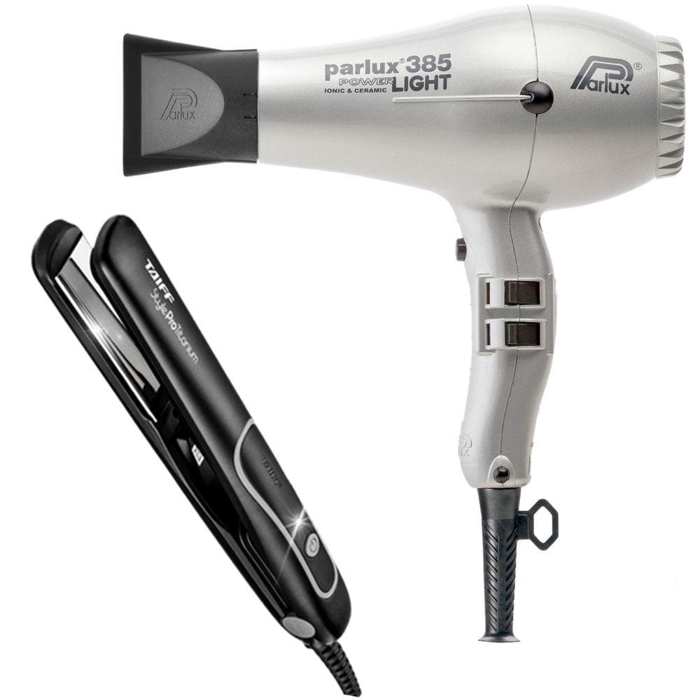 Kit - Secador Parlux 385 Power Light Prata 2100W 127V + Prancha Taiff Style Prata Pro Titanium 230ºc