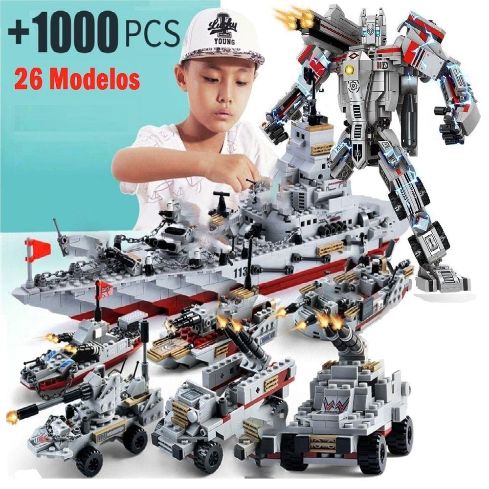 1.000 Pcs Blocos Mega Navio + Robô + Veículos de Guerra