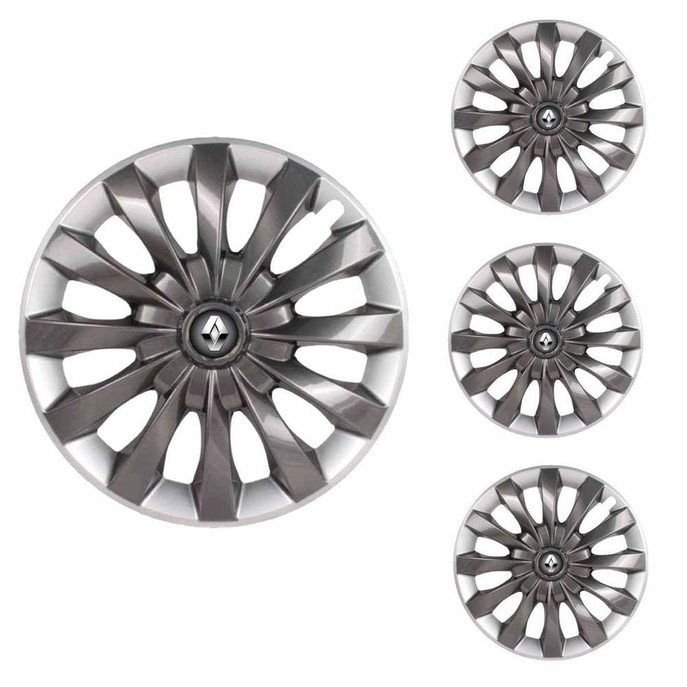 Jogo Calota Aro 13 Flap Graphite Silver Elitte Grafite Prata + Emblema Resinado Renault (Sandero Logan Clio Scenic Megane)