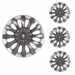 Jogo Calota Aro 13 Flap Graphite Silver Elitte Grafite Prata + Emblema Resinado Renault (Sandero Logan Clio Scenic Megane)