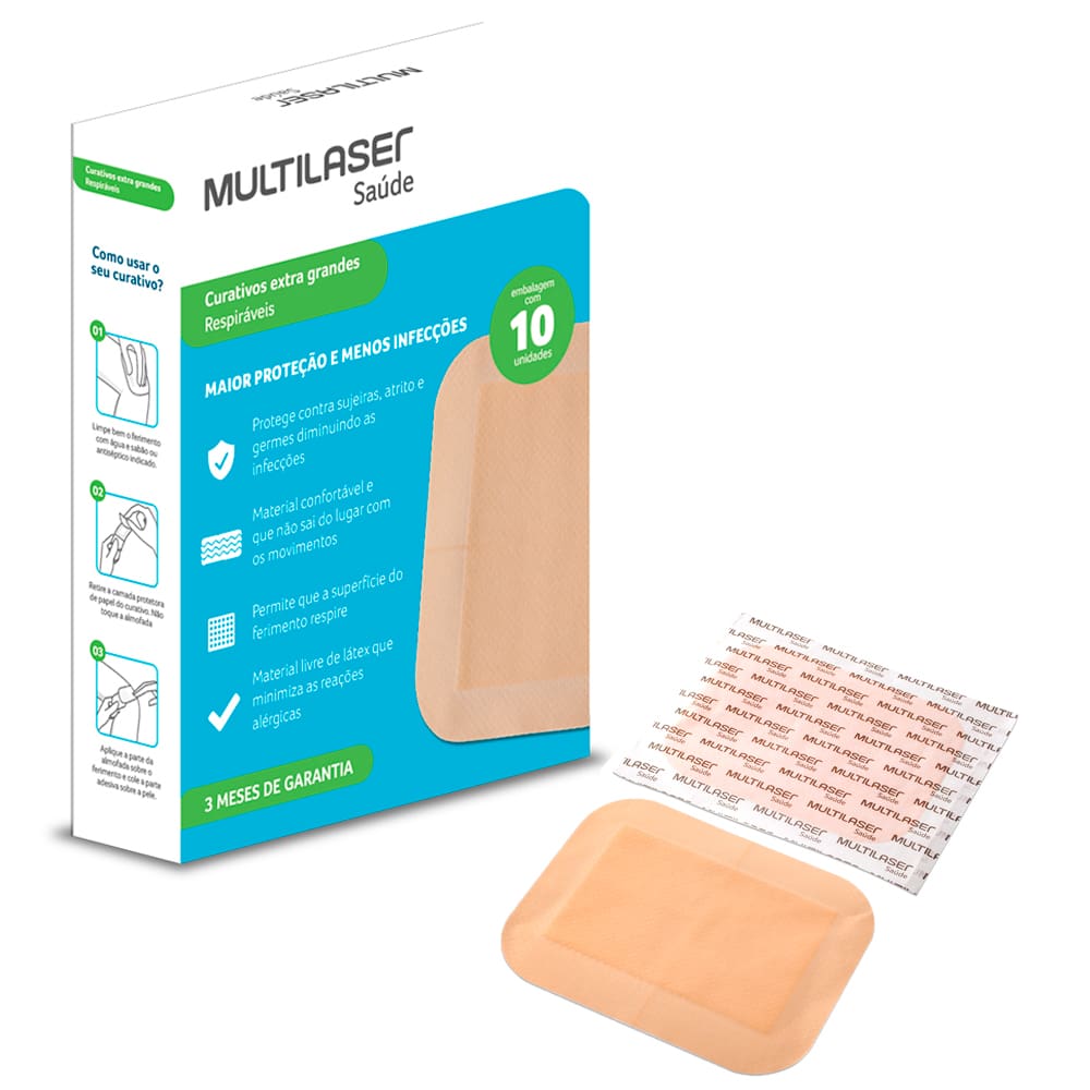 Curativo com 10 Unidades Extra Grande Retangular Bege Multilaser