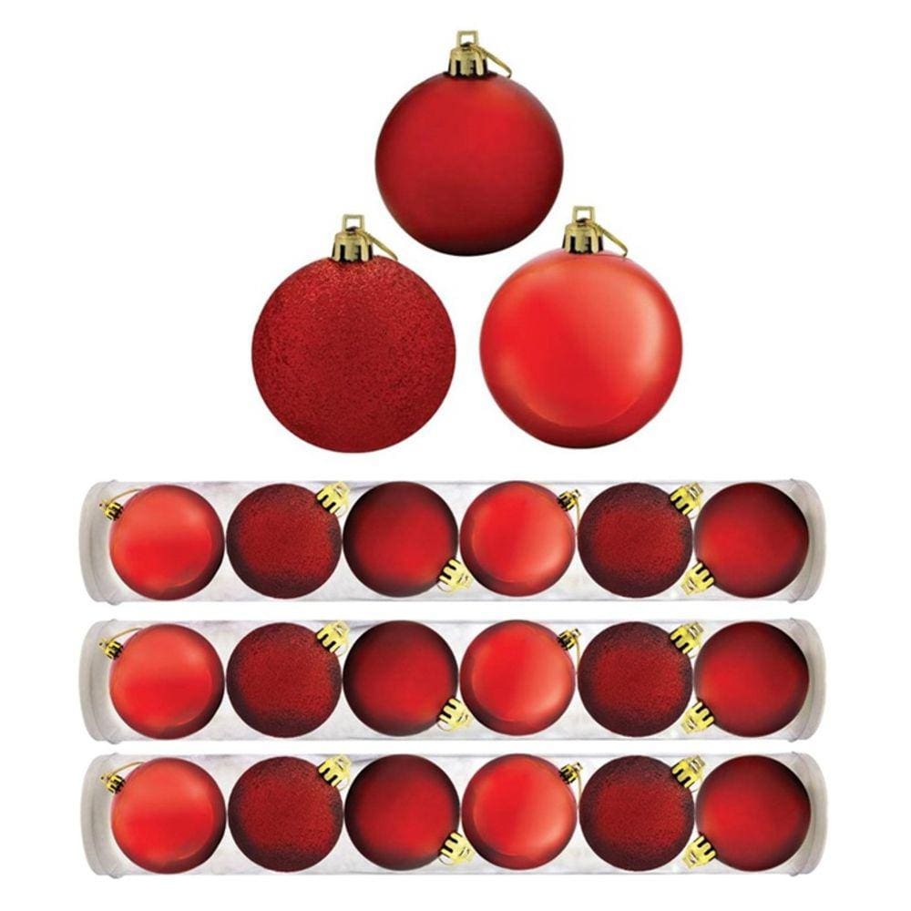 Kit 18 Bolas Natal Mista Glitter, Fosca, Lisa Vermelha 7cm - Riomaster
