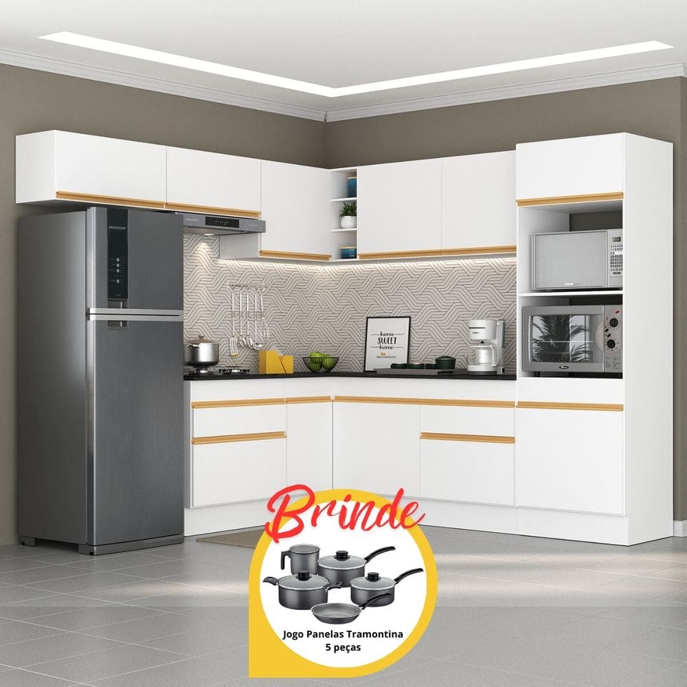 Cozinha Completa de Canto com Rodapé Veneza Multimóveis MP2105 com Armário e Balcão Branca