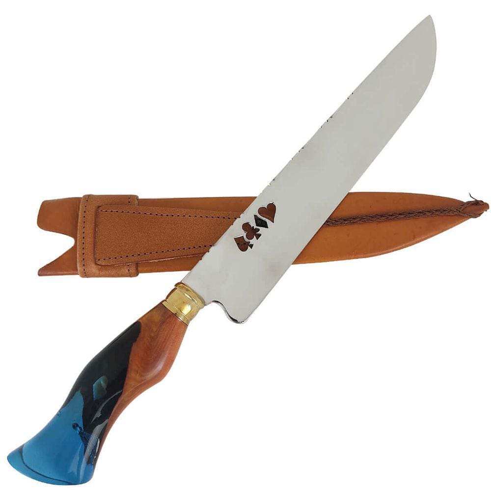 Faca Artesanal Churrasco Santinha 10` Cabo Híbrido Nossa Senhora Aparecida Aço Inox 3mm Naipes