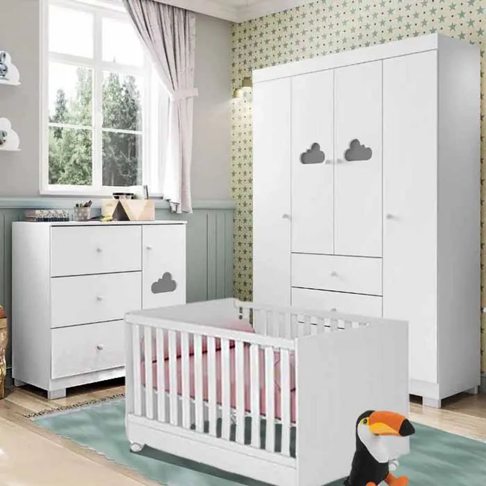 Jogo de Quarto Infantil Completo Nuvem com Guarda Roupa 4 Portas, Cômoda 1 Porta e Berço Branco - Phoenix Baby