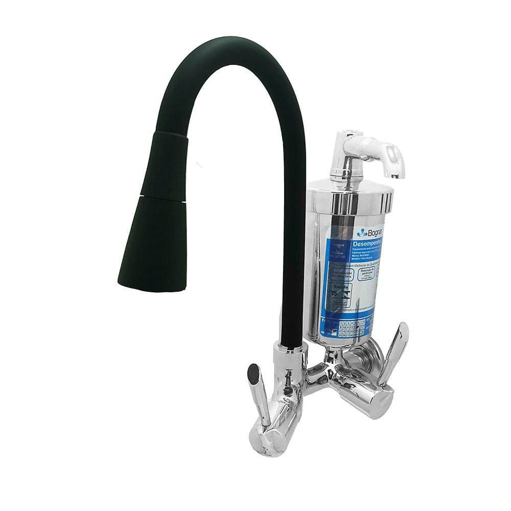 Torneira para Cozinha Acionamento 1/4 Volta Tubo Flexível 2 Jatos de Dispersão Filtro Parede Bognar