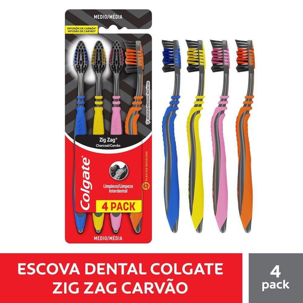 Escova Dental Média Infusão de Carvão Colgate Zig Zag 4 Unidades