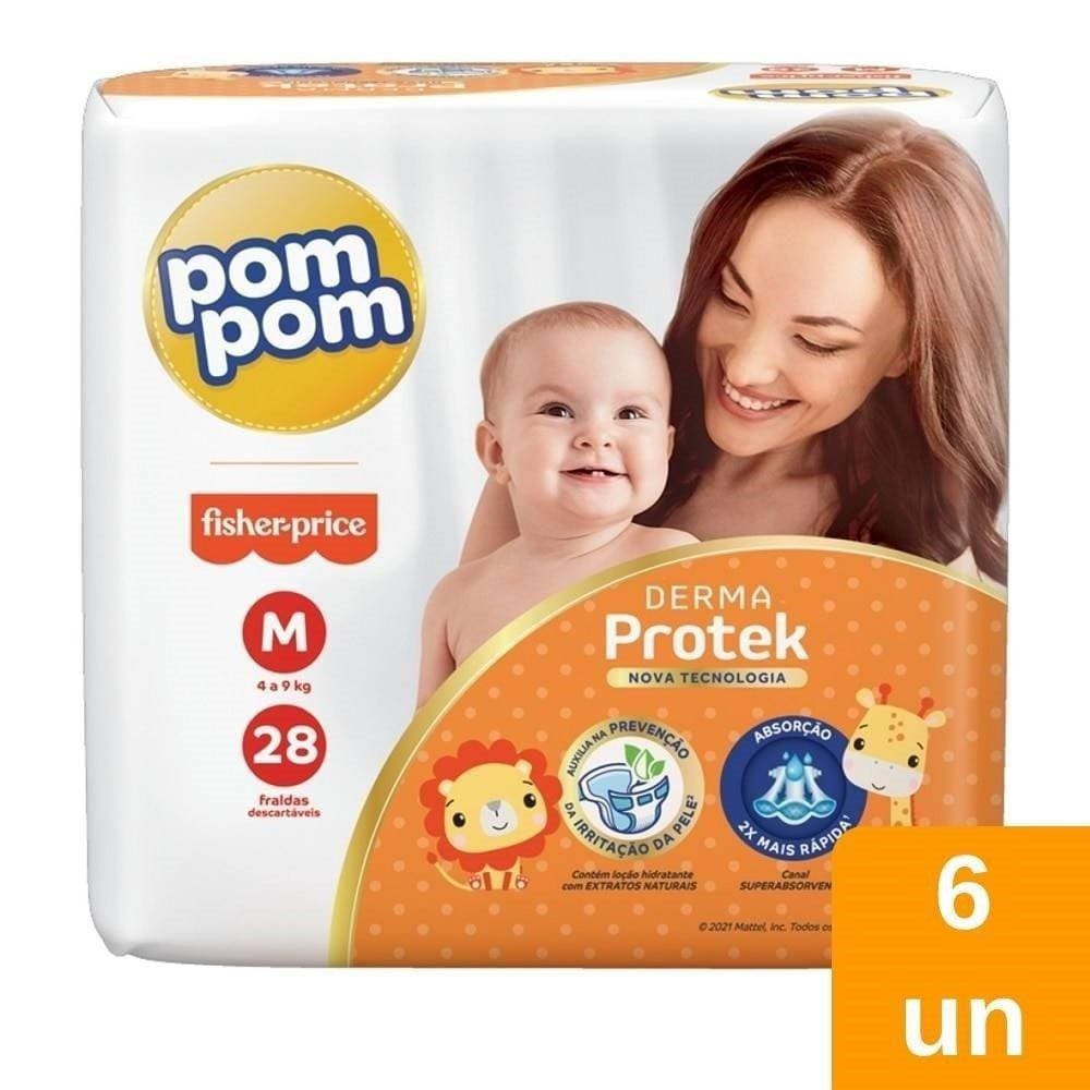 Fralda Descartável Pom Pom Derma Protek Jumbo Tamanho M - 6 Pacotes com 28 Tiras