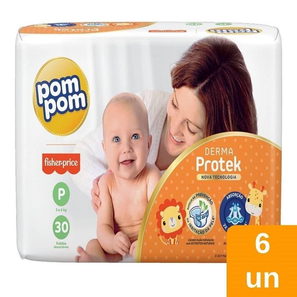 Fralda Descartável Pom Pom Derma Protek Jumbo Tamanho P - 6 Pacotes com 30 Tiras