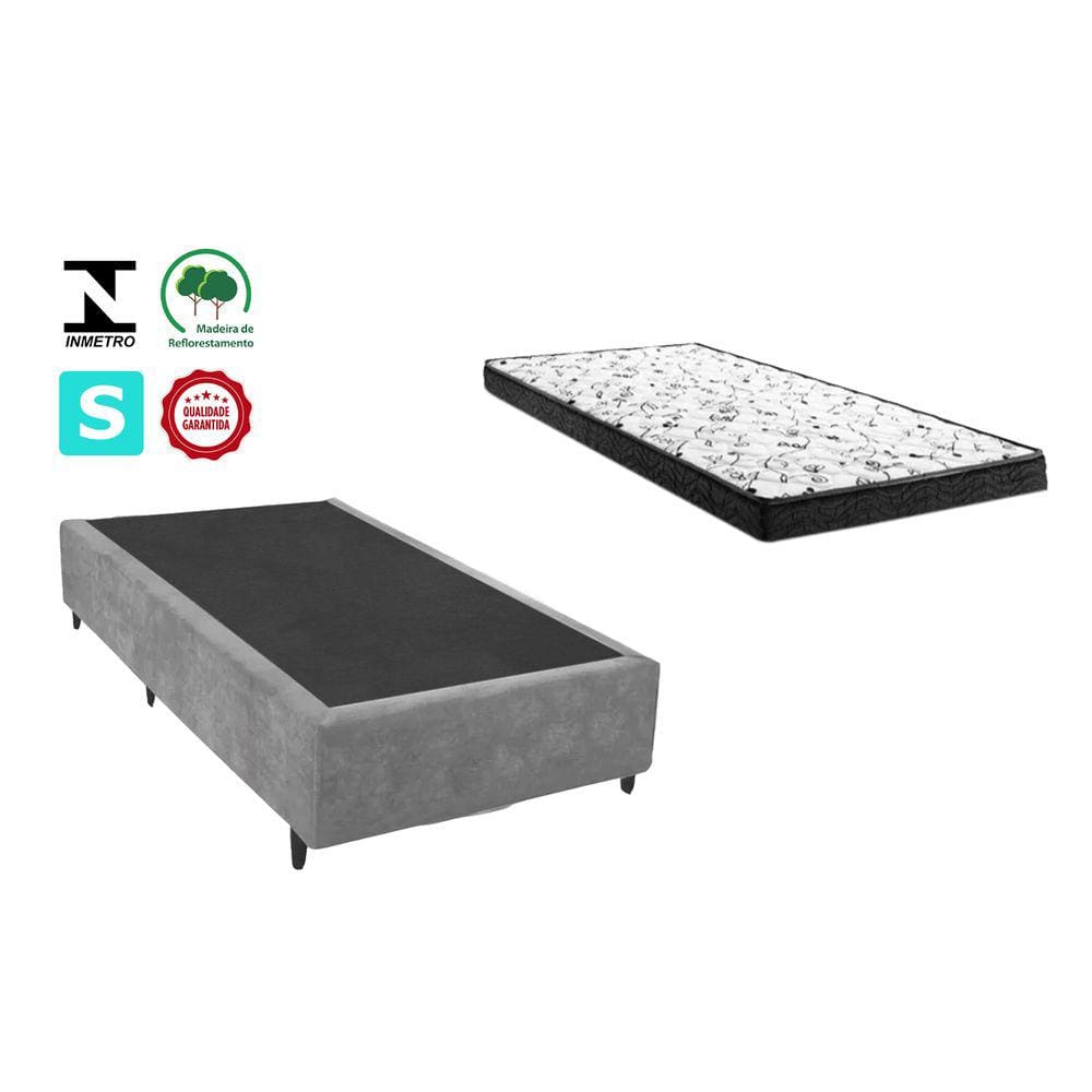 Cama Box Solteirão Cinza Suede + Colchão Espuma D20 96x203x8