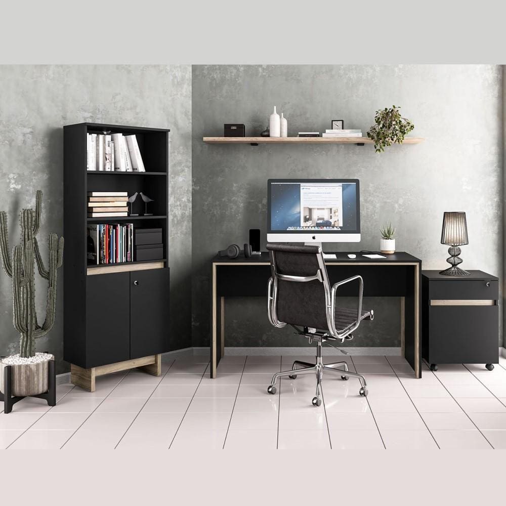 Kit Conjunto Escritório Completo com Mesa Canto Balcão Gaveteiro Home Office Multiuso Preto Marrom