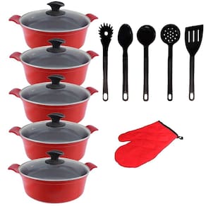 Jogo Panelas Vermelho Cerâmica Com Talher Javali AAL 16A24Cm
