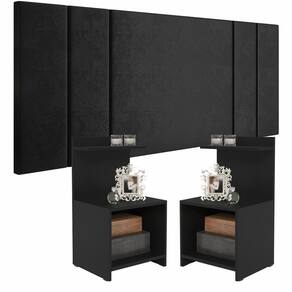 Conjunto Quarto Cabeceira Queen 1,60 Luana com 2 Mesas de Cabeceira Fantasy - Preto