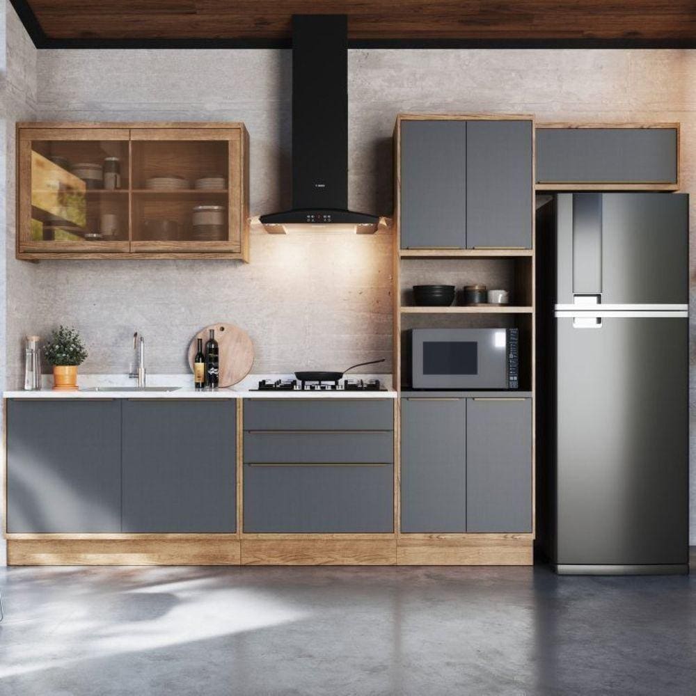 Cozinha Modulada 5 Peças 9 Portas 3 Gavetas com Divisor de Talheres 1 Nicho para Forno Viena Edez Louro Freijó/Grafitto