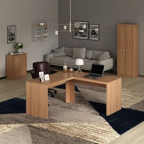 Conjunto Home Office 3 Peças 1 Mesa para Escritório em L 1 Armário 1 Balcão Espresso Móveis Amendoa