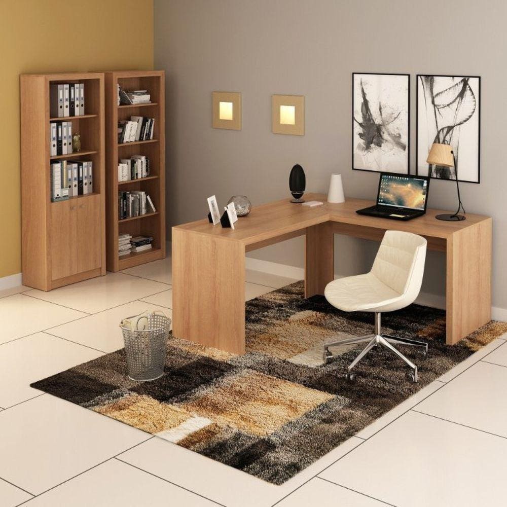 Conjunto Home Office 3 Peças com 1 Mesa para Escritório em L 2 Estantes Espresso Móveis Amendoa