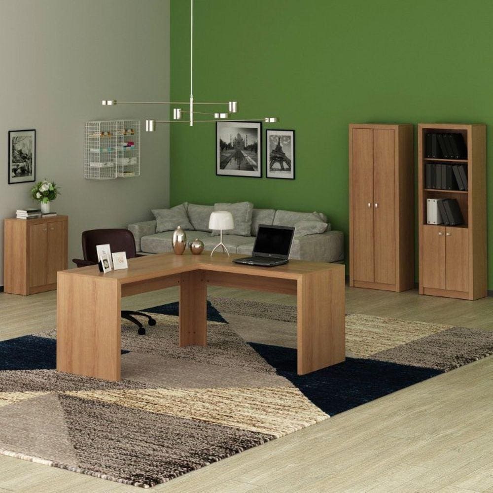 Conjunto Home Office 4 Peças 1 Mesa para Escritório em L 2 Armários 1 Balcão Espresso Móveis Amendoa