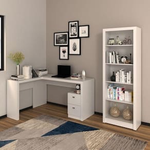 Conjunto Home Office 2 Peças 1 Mesa para Escritório em L com 1 Estante Espresso Móveis Branco