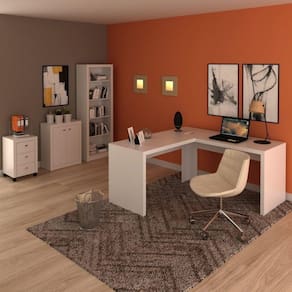 Conjunto Home Office 4 Peças com 1 Mesa em L 1 Balcão 1 Gaveteiro 1 Estante Espresso Móveis Branco