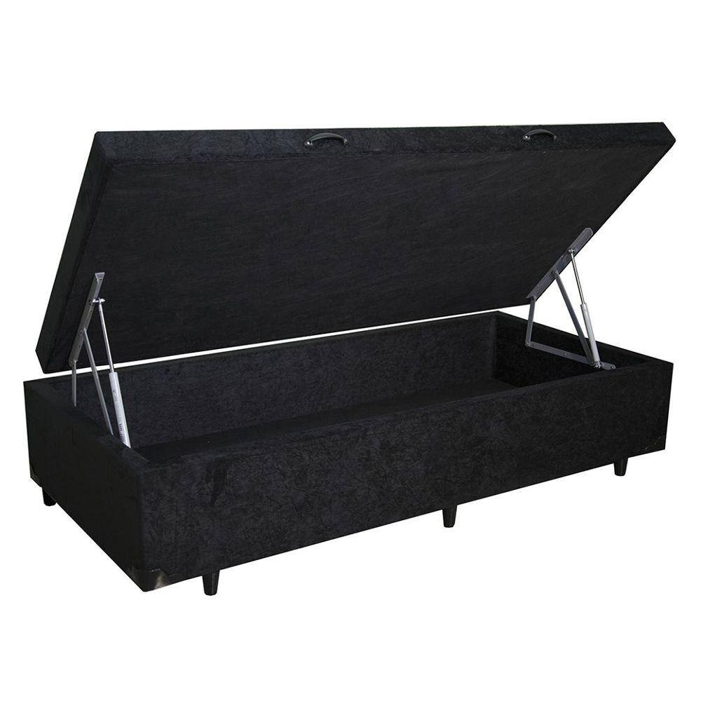 Cama Box Baú Solteiro Suede Preto Pistão A Gás 37x88x188