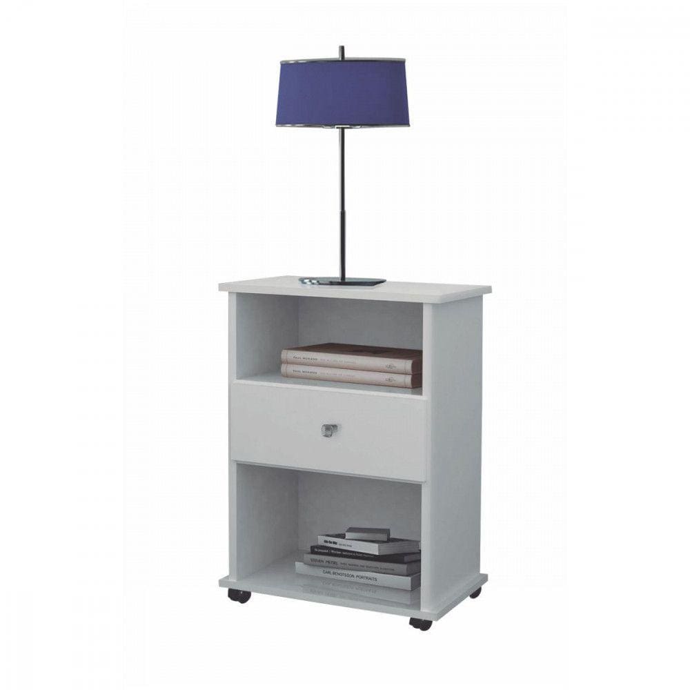 Mesa de Cabeceira 1 Gaveta Com Rodízios e 2 Nichos Branco Otto Primus