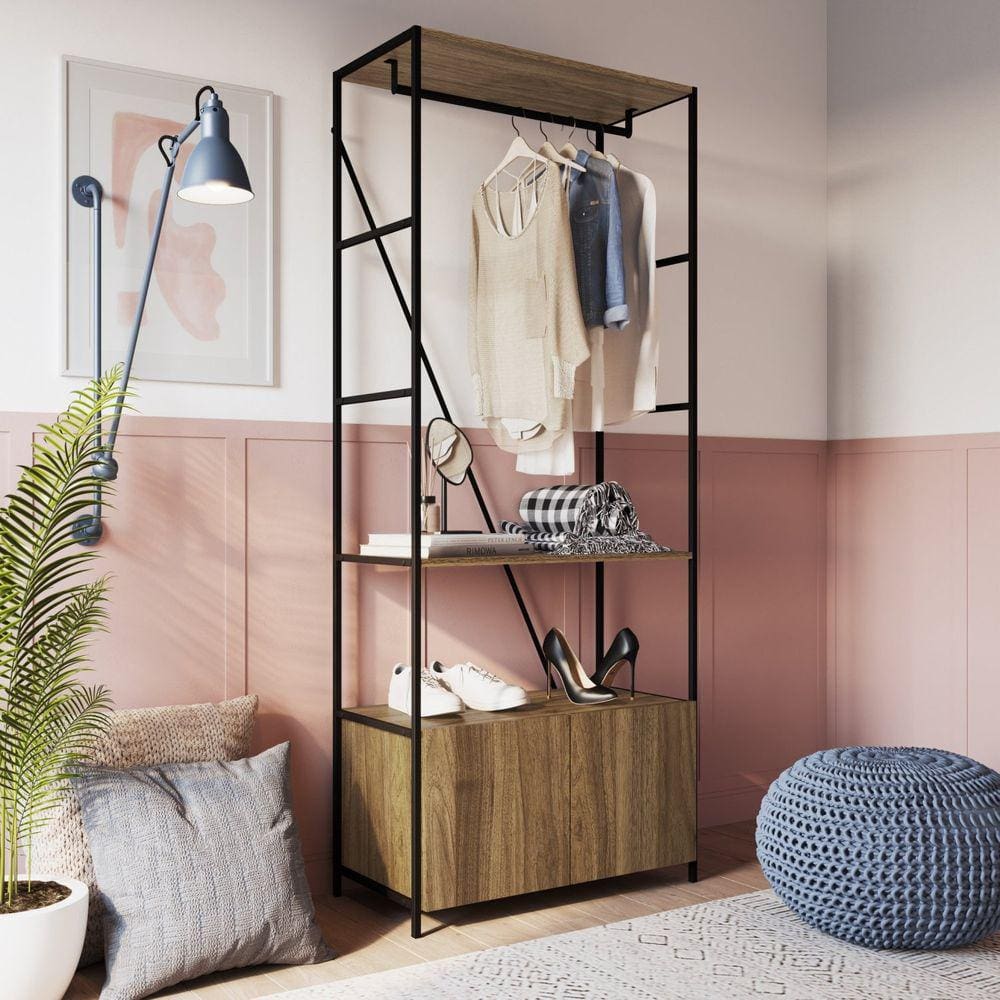 Estante Closet 2 Portas 1 Prateleiras 1 Cabideiro SW018 Placa e Ponto preto/noce oro