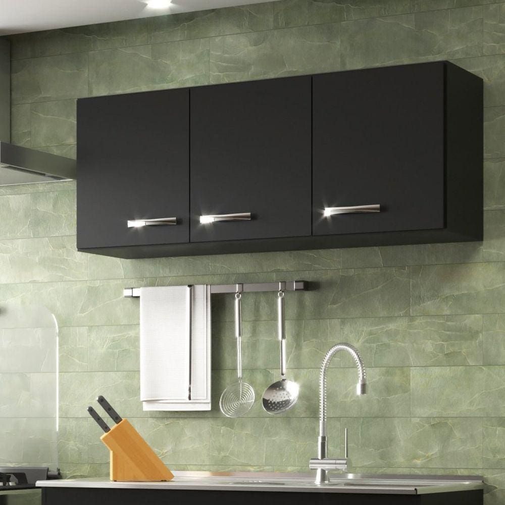 Armário Aéreo de Cozinha 3 Portas Carolina Evidência Móveis Preto