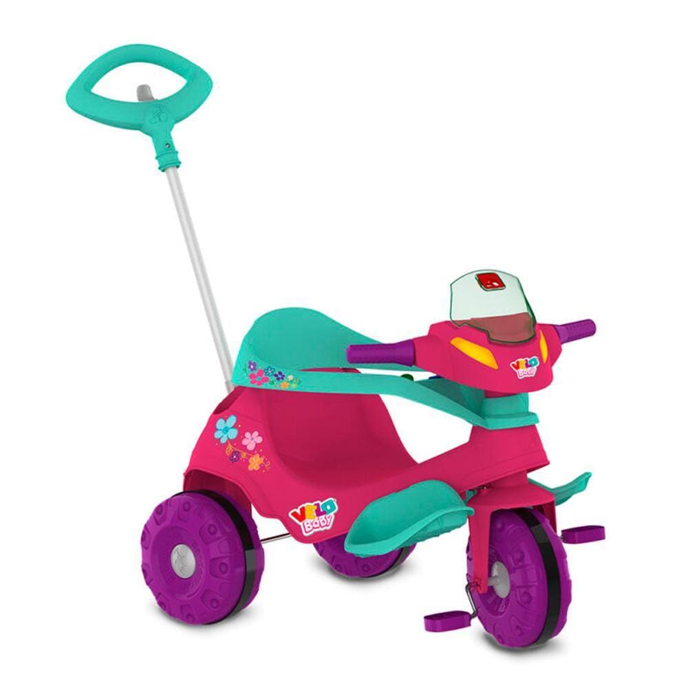 Triciclo Mototico Velobaby 357 Bandeirante Com Haste de Passeio e Pedal Rosa