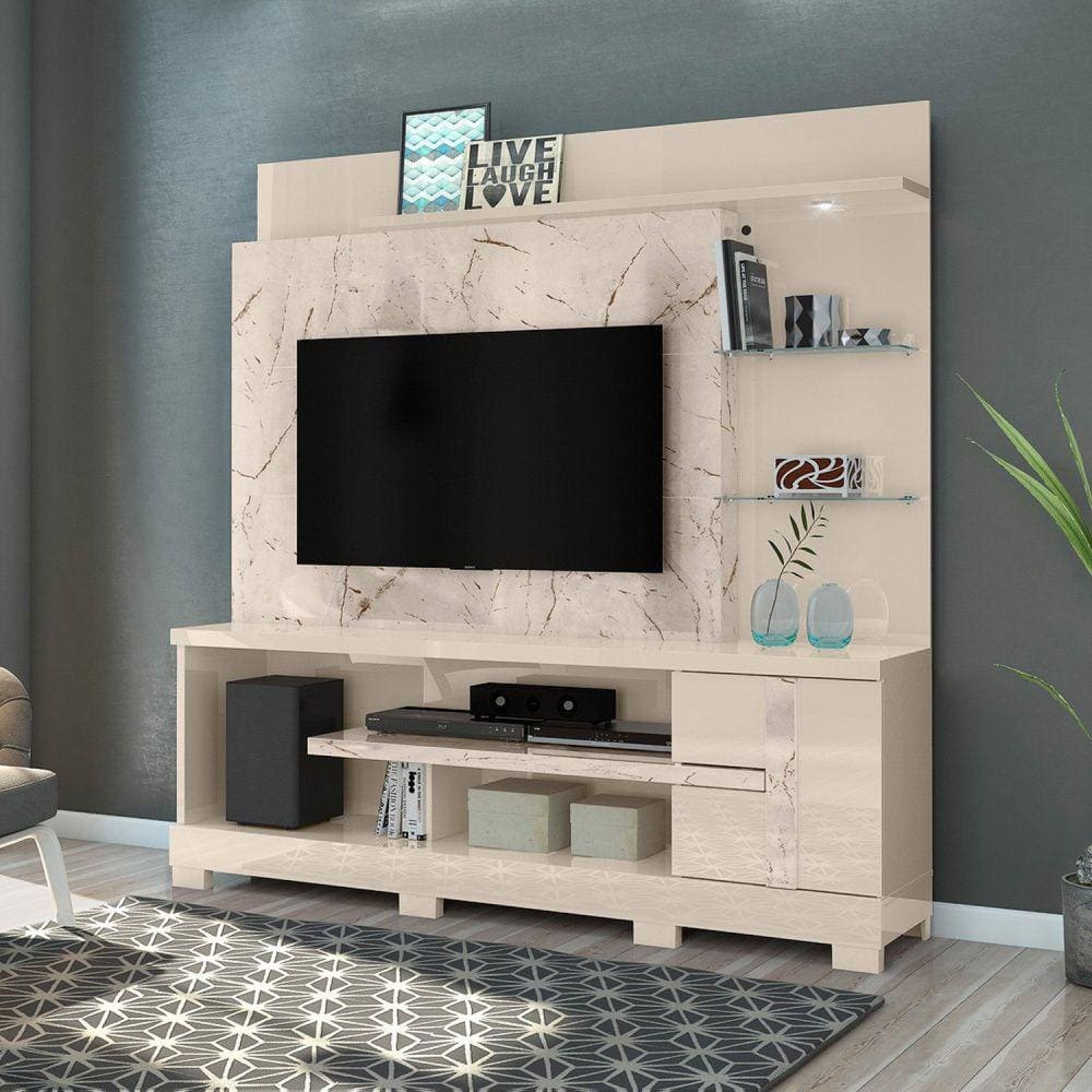 Estante Home Theater para TV até 55 Polegadas 1 Porta 4 Prateleiras Alan Madetec Calacata/Off White