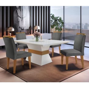 Conjunto Mesa 120cm Canto Reto Clarice e 4 Cadeiras Athenas Rufato Linho Grafite/Off White/imbuia
