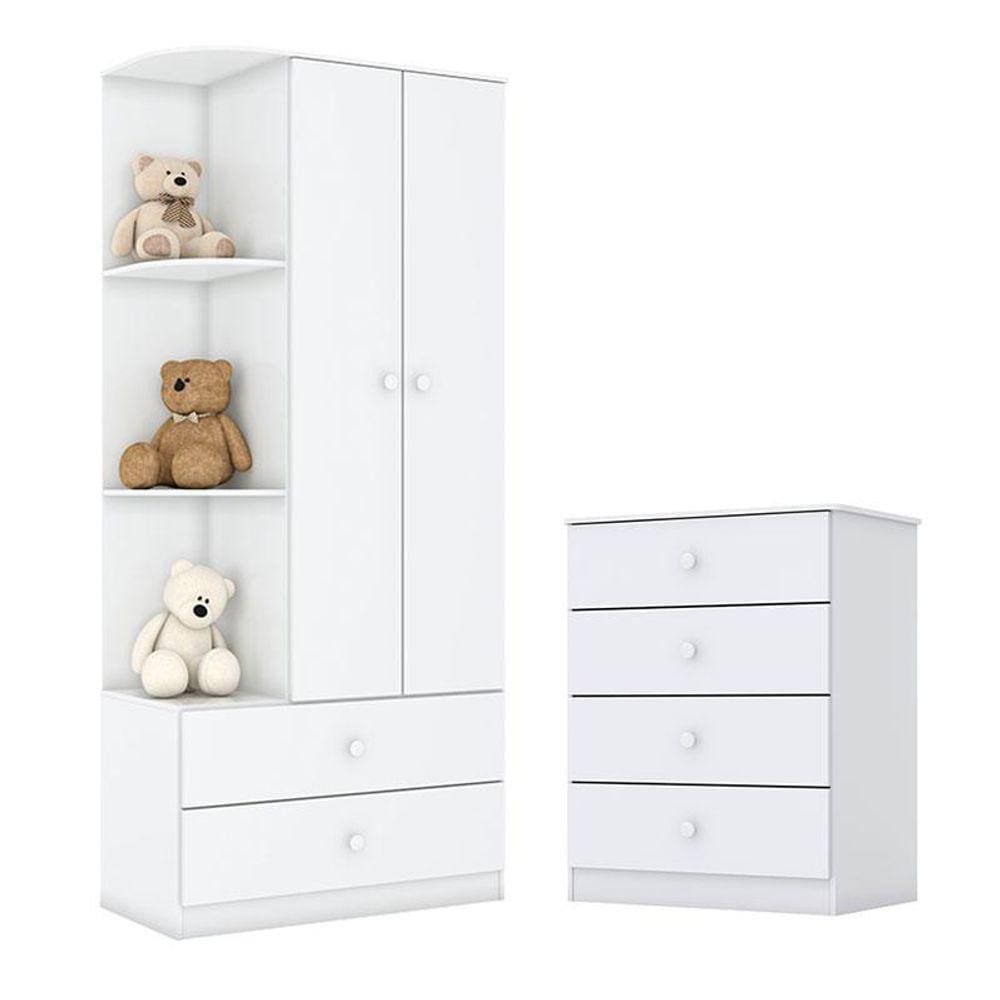 Cômoda e Guarda Roupa Infantil Amarelinha Branco Brilho - Henn