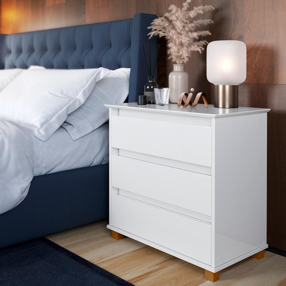 Mesa De Cabeceira Grande 3 Gavetas Branco E.J Móveis
