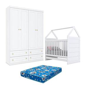 Berço Montessoriano Americano e Guarda Roupa Infantil Mississipi 4 Portas Branco com Colchão Ortobom - Henn