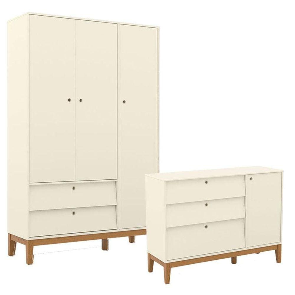 Cômoda Sapateira e Guarda Roupa Unique 3 Portas Off White Eco Wood - Matic