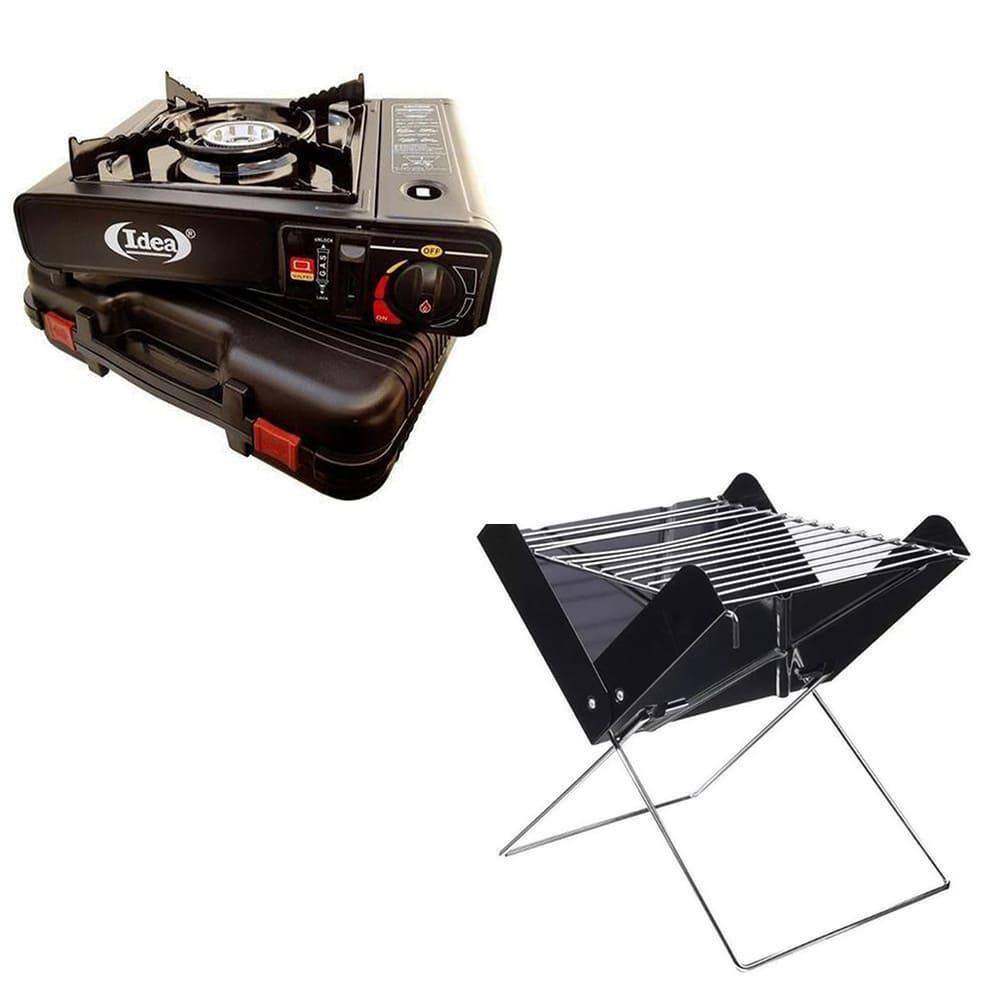Kit Camping Com Mini Churrasqueira À Carvão E Fogão 1 Boca