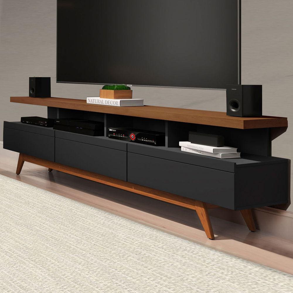 Rack Para Tv Até 70 Polegadas Vivare Wood 3 Gavetas Black/freijo - Giga Móveis