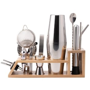 Kit Coqueteleira Em Aço Inox E Suporte De Bambu 17 Peças