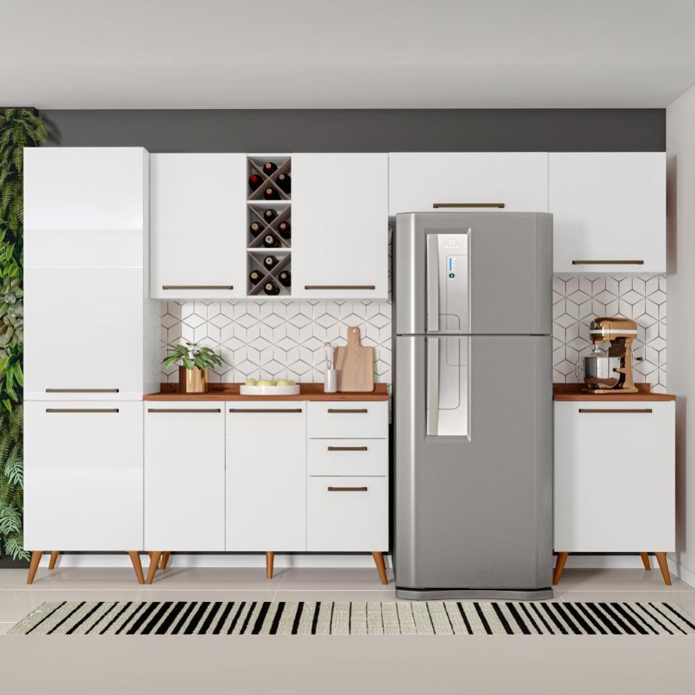 Armário De Cozinha Completa Com Adega 9 Portas 3 Gavetas Favorita Branco/Nature