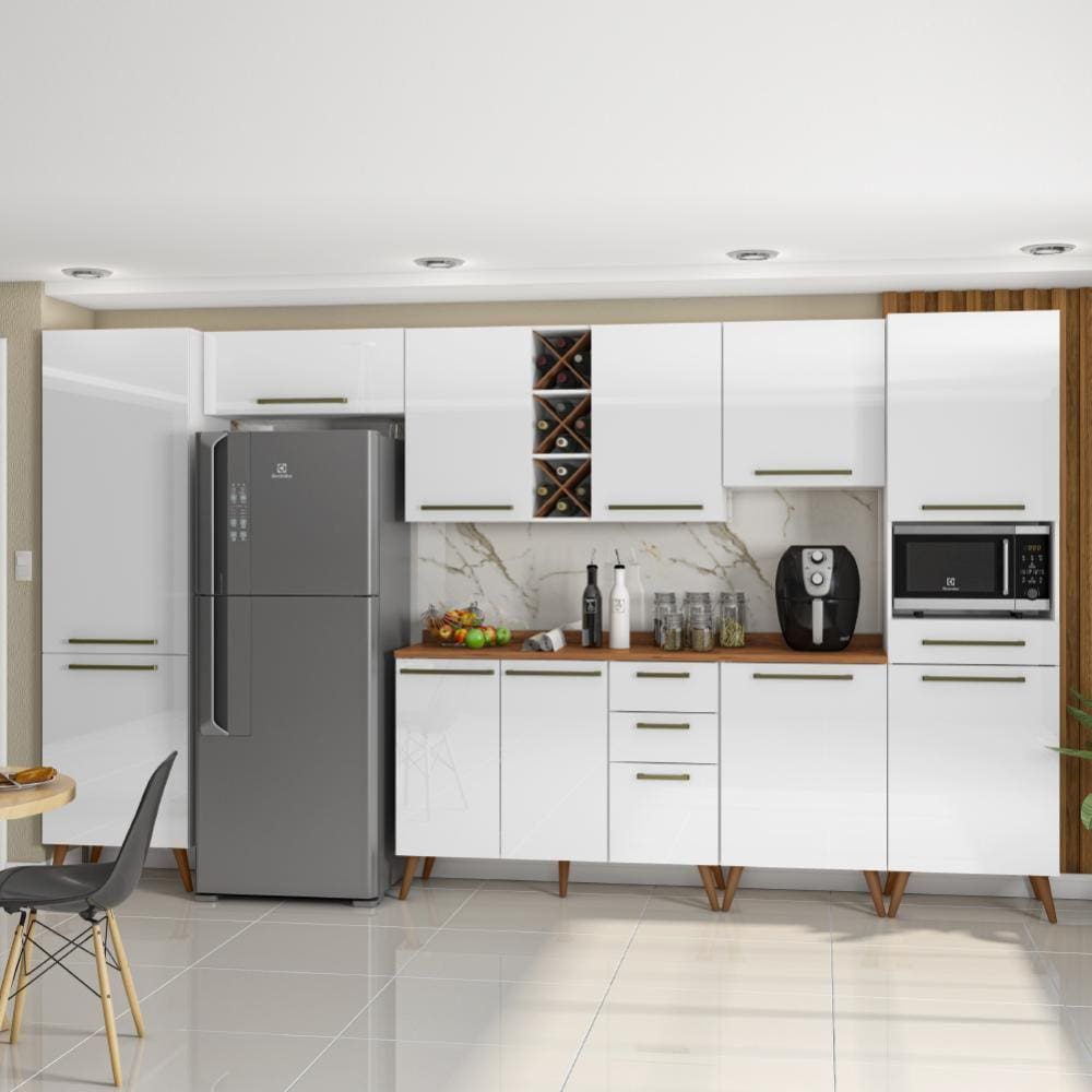 Armário De Cozinha Completa Com Adega 11 Portas 4 Gavetas Favorita Branco/Nature
