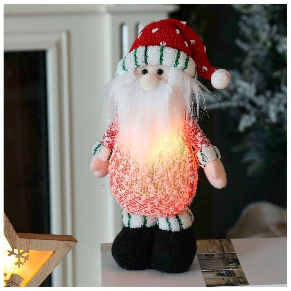 Decoração Boneco Papai Noel Com Cachecol E Led Natalino Em Tecido 26cm