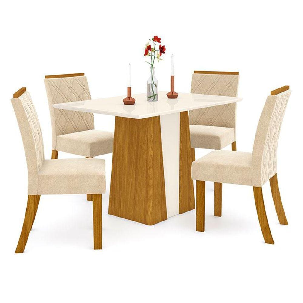 Mesa de Jantar Orus 120 cm Tampo Reto Nature Off White com 4 Cadeiras Vita Linho - Henn