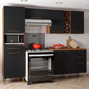 Armário De Cozinha Completa Com Adega 7 Portas 4 Gavetas Favorita Preto/Nature
