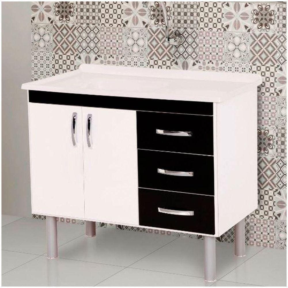 Balcão 2 Portas E 3 Gavetas Toquio Rorato Branco Com Preto