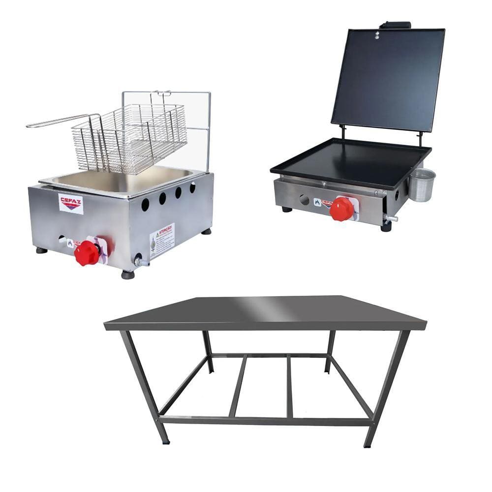 Kit Lanchonete Mesa de Manipulação 100x55cm + Fritadeira a Gás 1 Cuba + Chapa a Gás 30cm Alcamar