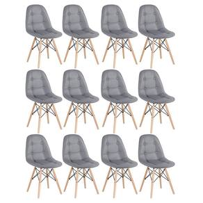 Kit - 12 X Cadeiras Estofadas Eames Eiffel Botonê - Base De Madeira Clara - Cinza Escuro